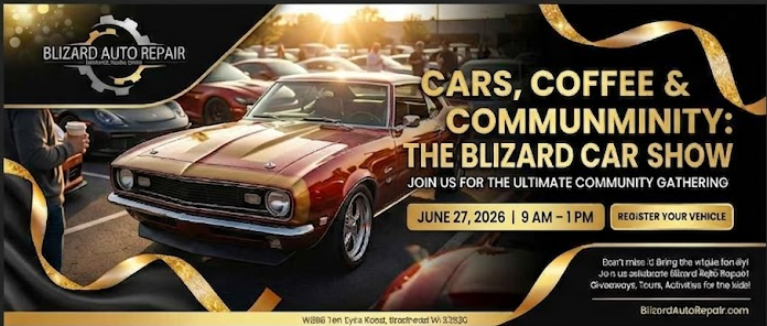 Promotional graphic for "Cars, Coffee & Community" event hosted by The Blizard on June 21, 2026, featuring sleek sports cars at sunrise.