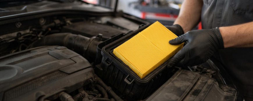 A technician performing a routine oil change and fluid check under the hood of a vehicle.