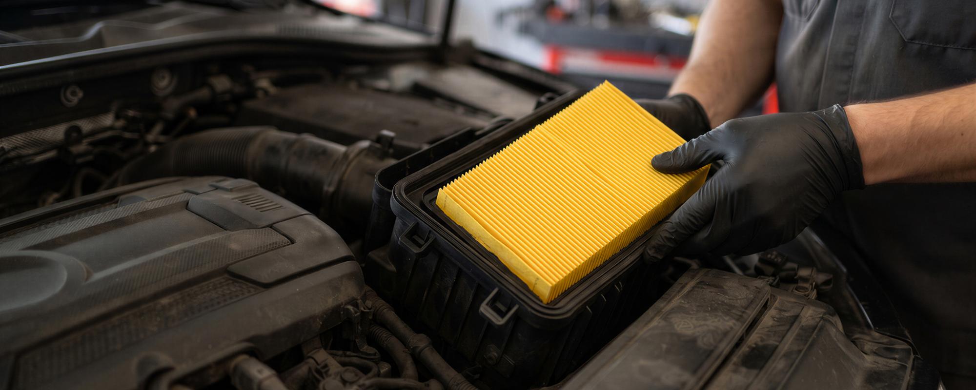 A technician performing a routine oil change and fluid check under the hood of a vehicle.