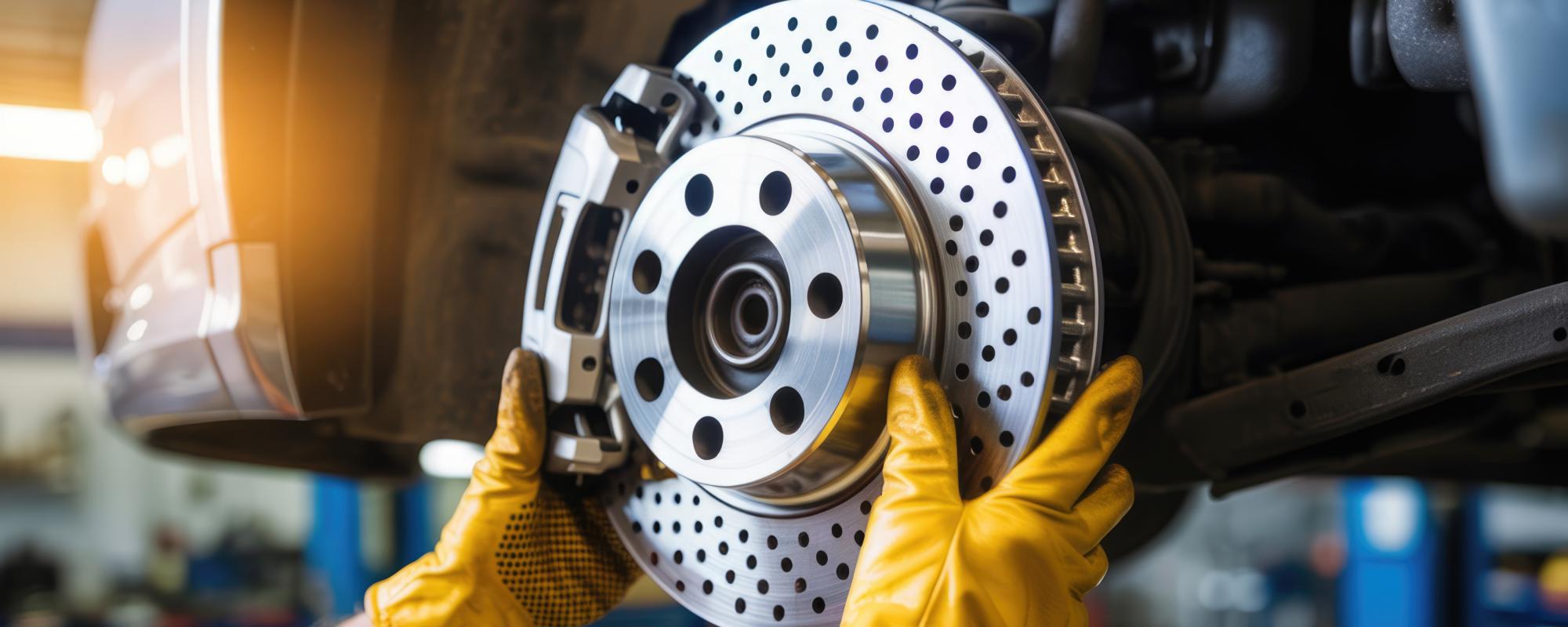close-up of a mechanic inspecting a vehicle's brake pads and rotors during a brake service.